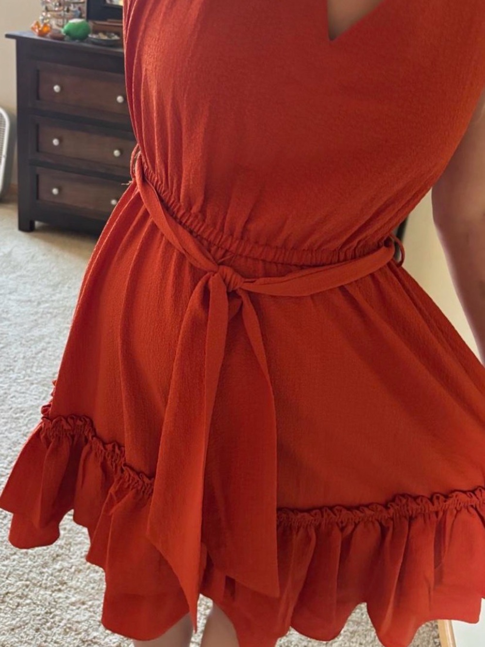 Calvin Klein Rust Red V-Neck Tie-Waist Ruffle Mini Dress